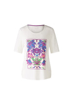 Oui Floral Motif T-Shirt. A casual cut, regular length T-shirt featuring half sleeves, a multicoloured floral motif, and slits and embroidery at the hem.