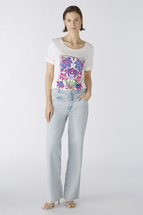 Oui Floral Motif T-Shirt. A casual cut, regular length T-shirt featuring half sleeves, a multicoloured floral motif, and slits and embroidery at the hem.