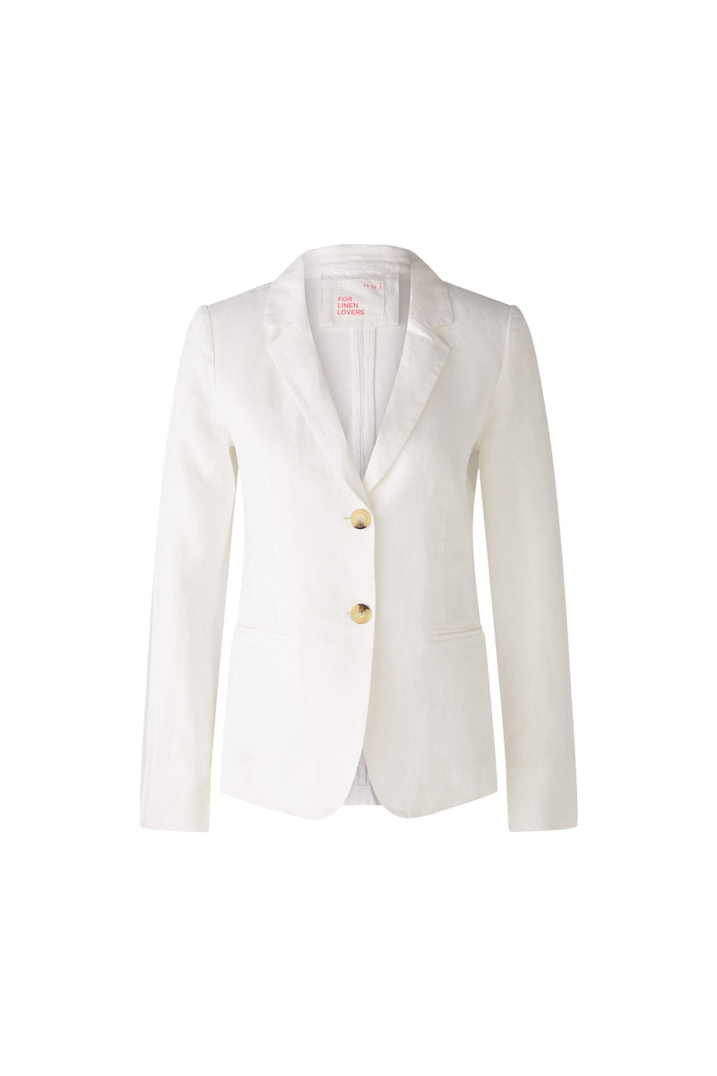 Oui Blazer. A white narrow cut blazer with lapel collar, shoulder pads, pockets, and 2-button fastening.