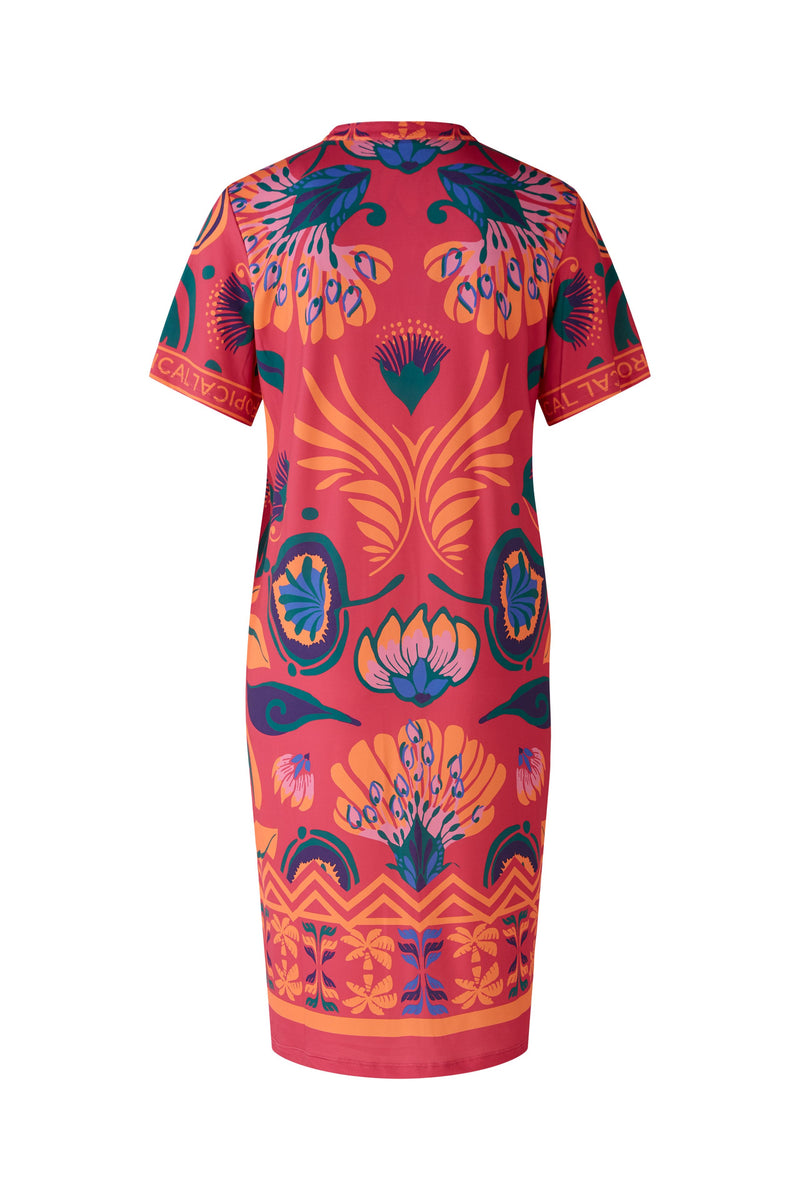 Oui Dress. An above-knee length dress with short sleeves, tunic neckline, and pink/orange all-over print.