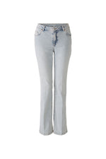 Oui Easy Kick Jeans. A pair of light blue, stretch denim, kick flare jeans with pockets and button/zip fastening.