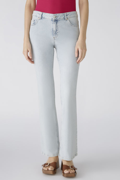 Oui Easy Kick Jeans. A pair of light blue, stretch denim, kick flare jeans with pockets and button/zip fastening. 