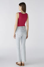 Oui Easy Kick Jeans. A pair of light blue, stretch denim, kick flare jeans with pockets and button/zip fastening.