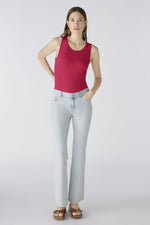 Oui Easy Kick Jeans. A pair of light blue, stretch denim, kick flare jeans with pockets and button/zip fastening.