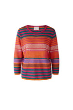 Oui Jumper Stripe Knit. A linen knit jumper with 3/4 length sleeves, round neckline, and multicoloured stripe pattern.