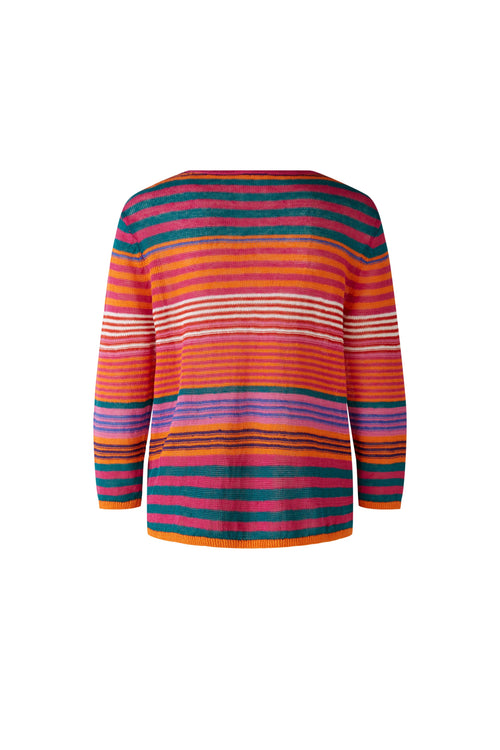 Oui Jumper Stripe Knit. A linen knit jumper with 3/4 length sleeves, round neckline, and multicoloured stripe pattern.