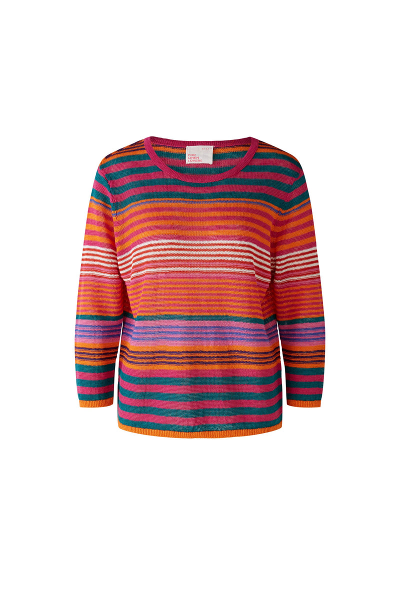 Oui Jumper Stripe Knit. A linen knit jumper with 3/4 length sleeves, round neckline, and multicoloured stripe pattern.