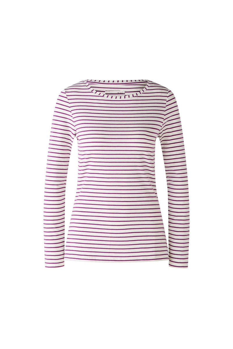 Oui Long Sleeve Shirt. A slightly tailored shirt with long sleeves and round neck. This top has side slits and white and violet striped print.