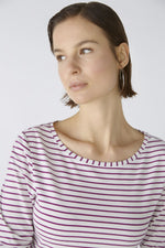 Oui Long Sleeve Shirt. A slightly tailored shirt with long sleeves and round neck. This top has side slits and white and violet striped print.