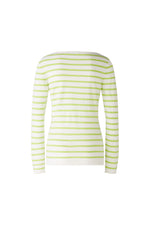 Oui Striped Long Sleeve Jumper. A slim fit, regular length jumper with long sleeves and round neckline featuring a green and white striped pattern.