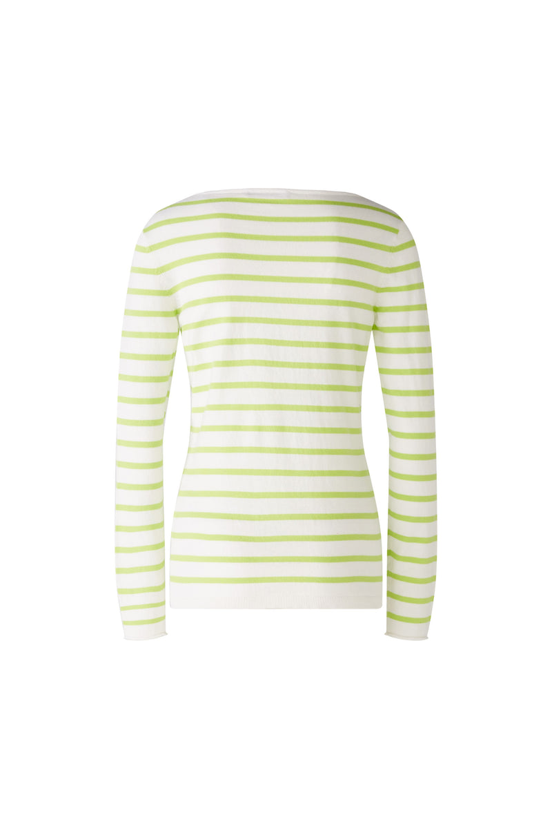 Oui Striped Long Sleeve Jumper. A slim fit, regular length jumper with long sleeves and round neckline featuring a green and white striped pattern.