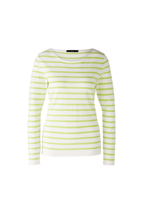 Oui Striped Long Sleeve Jumper. A slim fit, regular length jumper with long sleeves and round neckline featuring a green and white striped pattern.