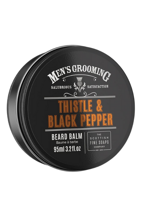 Scottish Fine Soaps Company Thistle & Black Pepper Beard Balm, 95ml tin, medium hold and shine balm infused with Vitamin E, Aloe Vera and Safflower Oil. This balm retains moisture and prevents damage to your beard.