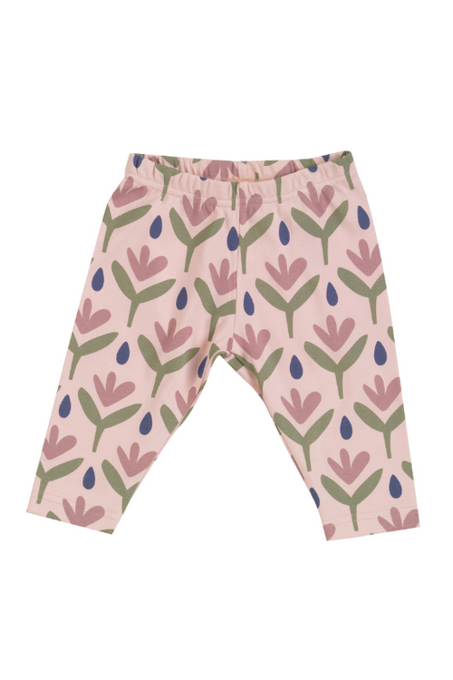 Pigeon Organics Capri Leggings. A pair of stretchy waist leggings with a pink floral pattern.