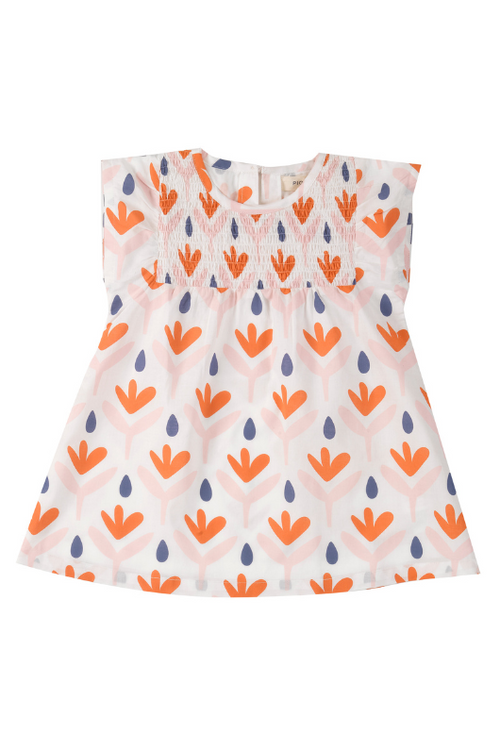 Pigeon Organics Sleeveless Smock Dress. A smocked detail, sleeveless dress with an eye-catching pink, orange and blue pattern.