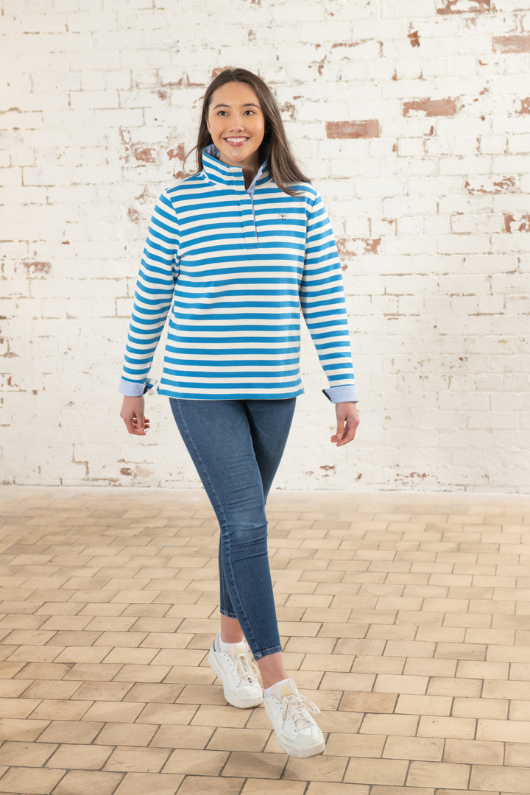 Lighthouse Haven Jersey Sweatshirt. A relaxed fit sweatshirt with a cosy funnel neck with half front popper fastening and a classic stripe design