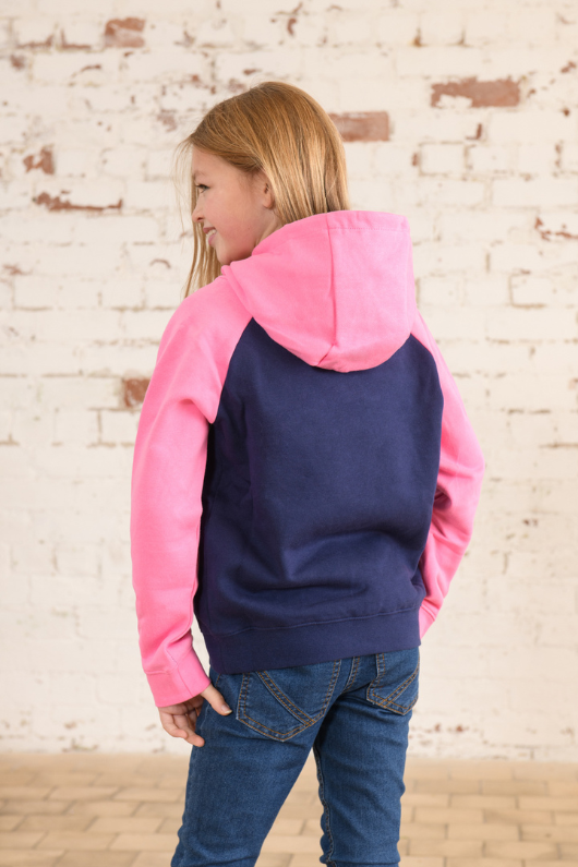 Lighthouse Jill Hoodie. A girls hooded jumper with a kangaroo pocket, pink sleeves & hood, and a fun pink tractor design on the front.