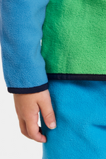 Didriksons Monte 3 Button Fleece. A boys mid-layer sweater in a green & blue design and a button placket, elastic binding on the sleeve and a thermal, microfleece finish.