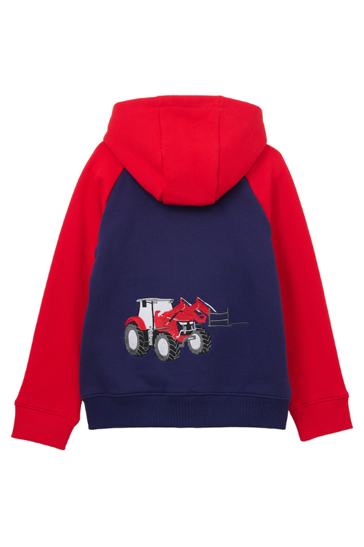 Lighthouse Jackson Full Zip Hoodie. A boys zip-up hoodie with waist pockets, a soft jersey lined hood, and a a navy torso with a tractor piqué on the chest and red sleeves.