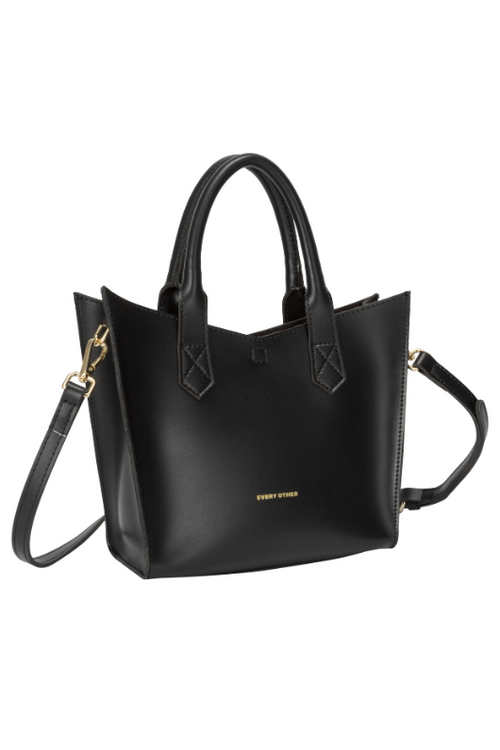 Every Other Twin Strap Grab Bag. A black faux leather bag with top handles, crossbody strap and removable pouch.