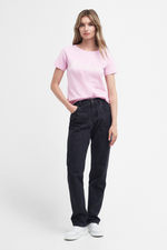 An image of a female model wearing the Barbour Otterburn T-Shirt in the colour Pink.