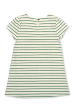 Kite Dress. a short sleeve, round neck dress with green and white striped print and flower applique.