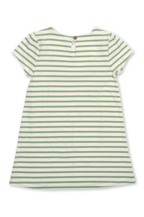 Kite Dress. a short sleeve, round neck dress with green and white striped print and flower applique.