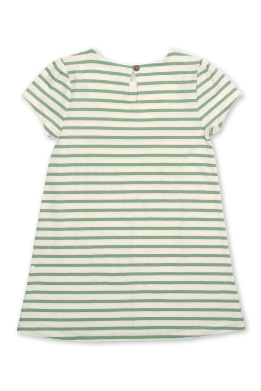 Kite Dress. a short sleeve, round neck dress with green and white striped print and flower applique.