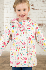 Lighthouse Heidi Jacket. A kids, waterproof coat with a soft jersey lining, and a sweet rainbows & sunshine design on a white background.