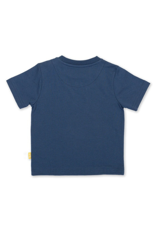 Kite T-Shirt. A short sleeve, round neck T-shirt. This top is navy and has a dinosaur applique.