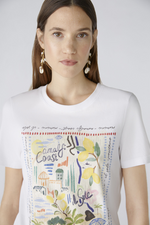 Oui Amalfi Print T-Shirt. A classic fit white T-shirt with short sleeves, round neckline, and Amalfi themed print featuring silver foil detail.