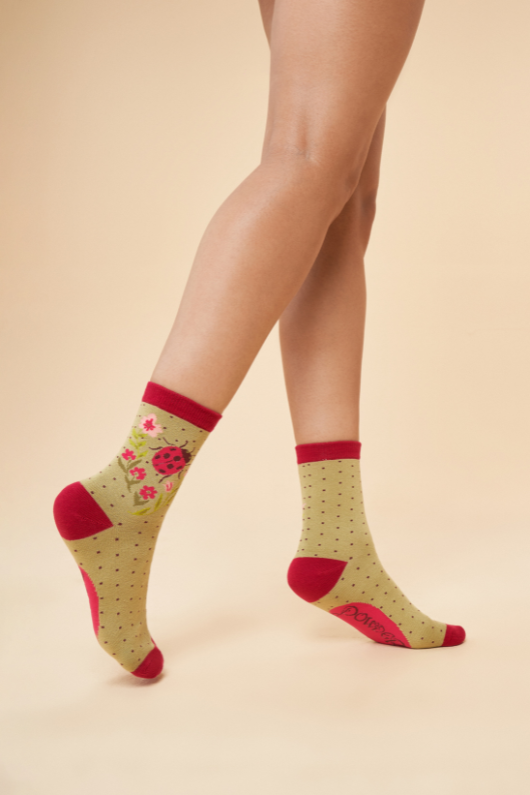 Powder Ankle Socks in sage ladybird design