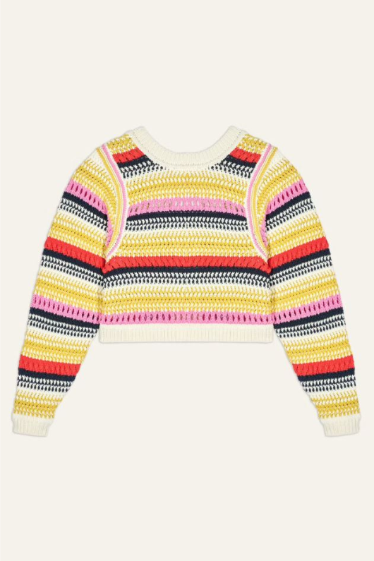 BA&SH Romy Cardigan. A reversible, knit jumper with multi-coloured stripes and a cropped design
