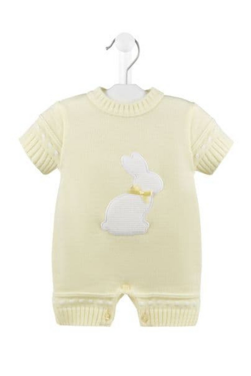 Dandelion Bunny Romper. A short sleeve romper with bunny applique. This romper comes in a yellow soft knit material.