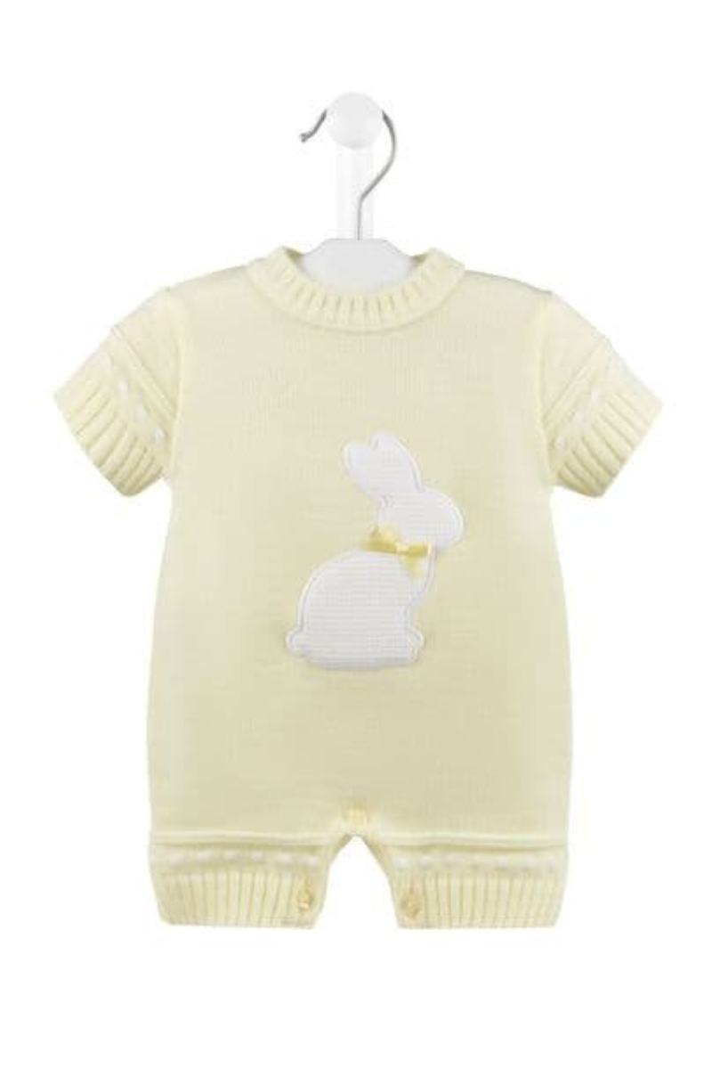 Dandelion Bunny Romper. A short sleeve romper with bunny applique. This romper comes in a yellow soft knit material.