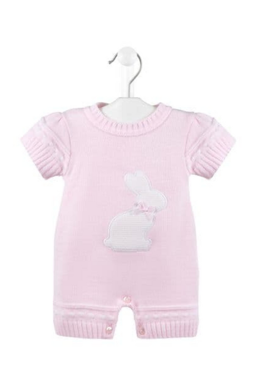 Dandelion Bunny Romper. A short sleeve romper with bunny applique. This romper comes in a pink soft knit material.