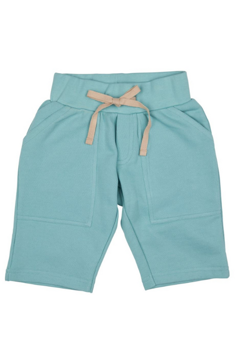 Pigeon Organics Jersey Shorts. A soft, turquoise fabric short that is knee length and has contrasting tie.