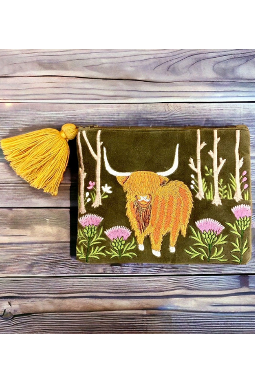 An image of the Orchid Designs Forest Green Purse with Highland Cow embroidered detail.
