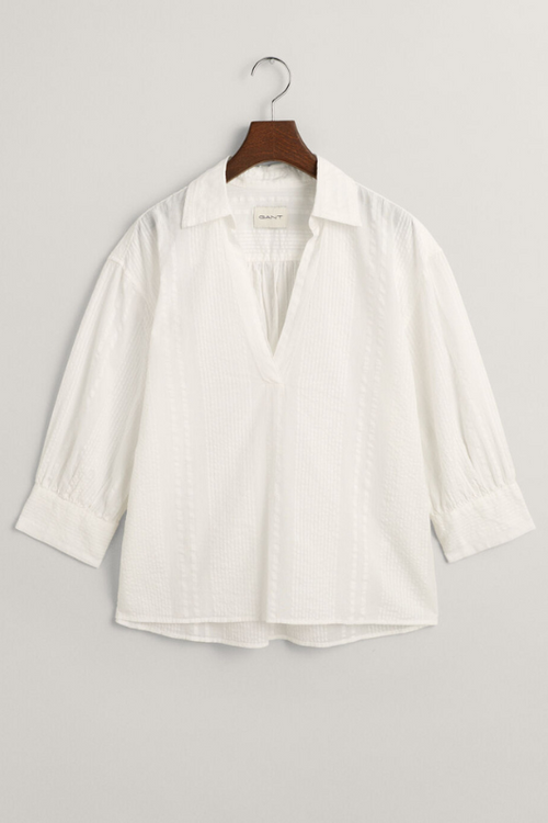 An image of the Gant Relaxed Fit Seersucker Striped Popover Shirt in the colour White.