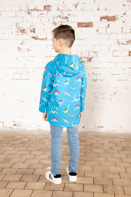 Lighthouse Ethan Jacket. A boys waterproof jacket with a soft jersey lining, zip-up front, and a cool blue dino print.