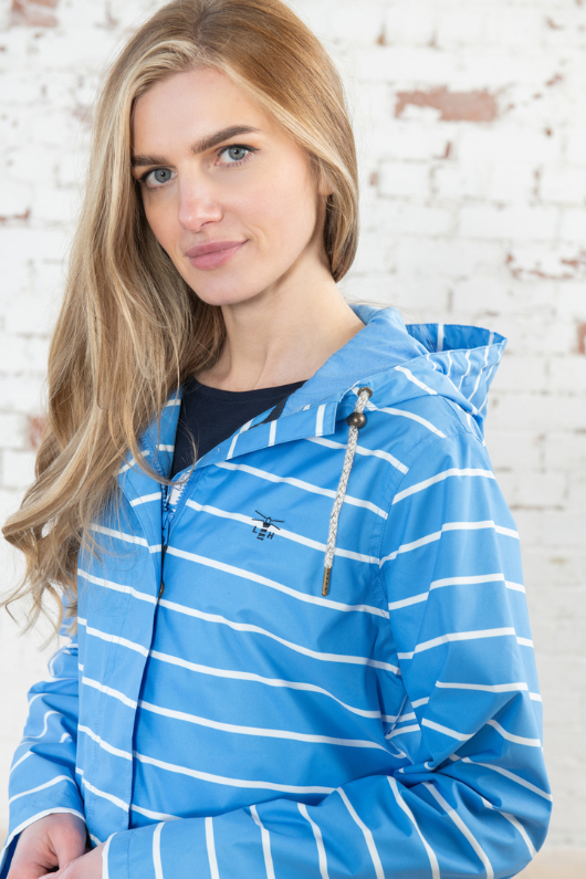 Lighthouse Beachcomber Long Coat. A windproof & waterproof jacket with a soft jersey lining, two-way zip, adjustable hood and a fun blue & white stripe design.