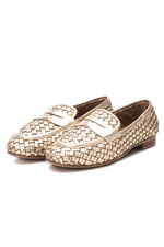 Carmela Loafer. A pair of gold moccasin shoes with interlocking design.