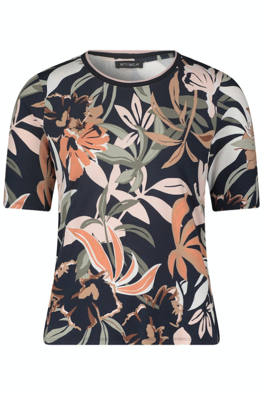 An image of the Betty Barclay Floral Top, with short sleeves and round neckline.