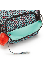 Kipling Izellah Medium Across Body Shoulder Bag. A crossbody bag with adjustable strap, zipped main compartment, multiple pockets, Kipling monkey charm, and all over abstract print.