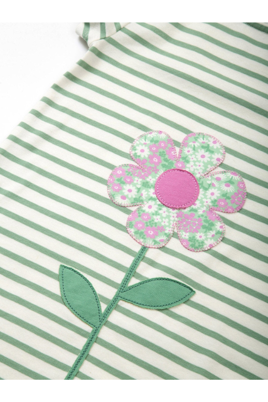 Kite Dress. a short sleeve, round neck dress with green and white striped print and flower applique.