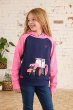 Lighthouse Jill Hoodie. A girls hooded jumper with a kangaroo pocket, pink sleeves & hood, and a fun pink tractor design on the front.