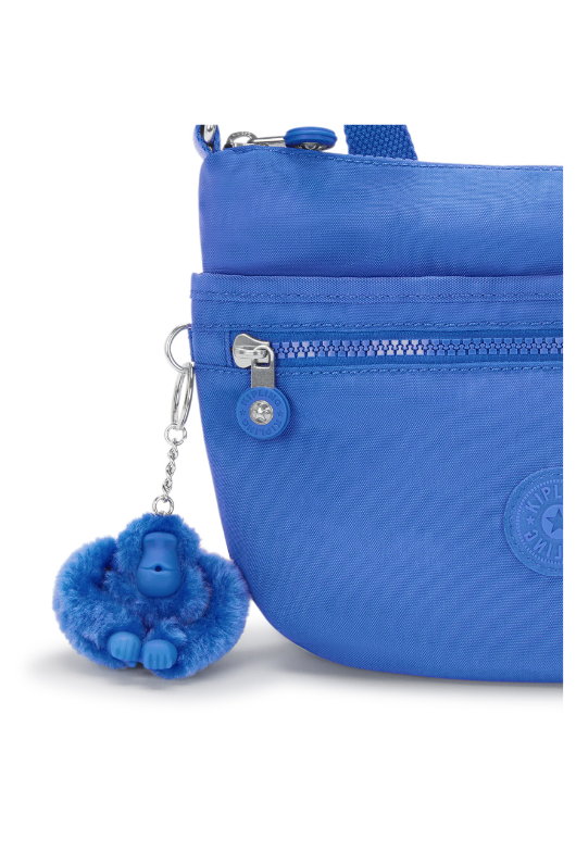 Kipling Arto S Crossbody Bag with havana blue design, zip closure, an external zip pocket and Kipling monkey keychain