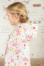 Lighthouse Heidi Jacket. A kids, waterproof coat with a soft jersey lining, and a sweet rainbows & sunshine design on a white background.