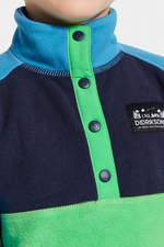 Didriksons Monte 3 Button Fleece. A boys mid-layer sweater in a green & blue design and a button placket, elastic binding on the sleeve and a thermal, microfleece finish.