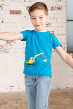 Lighthouse Oliver Short Sleeve Top. A boys, cotton t-shirt with a round neckline, short sleeves and a cool digger design on a light blue background.